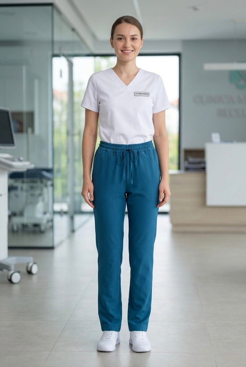 Pantaloni medicali elastici premium, confortabili, cu talie elastică, purtati de model in ambiant medical.