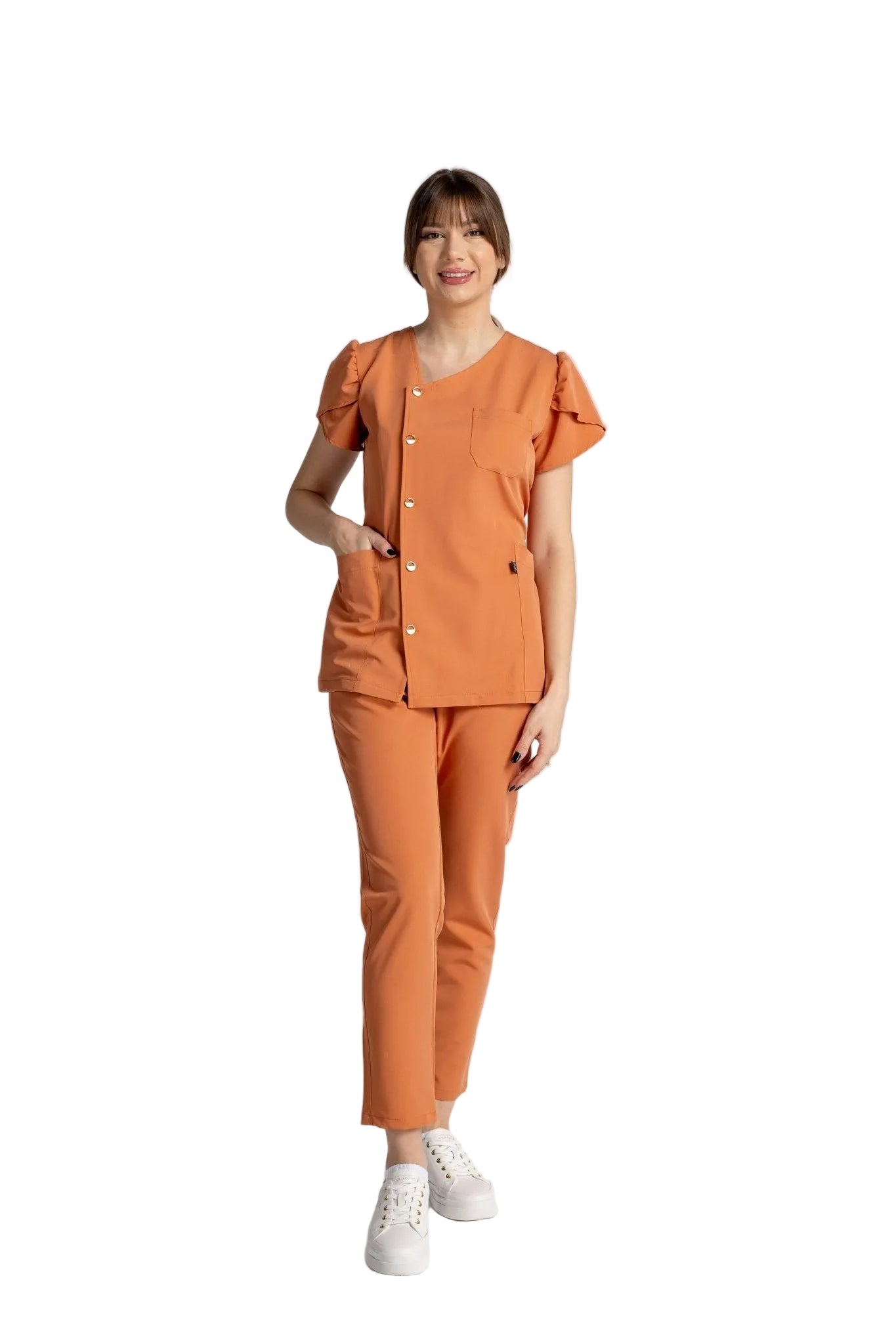 Model wearing Costum Premium Elastic Sofia in orange, featuring elegant buttons and chic ruffled sleeves for professional style.