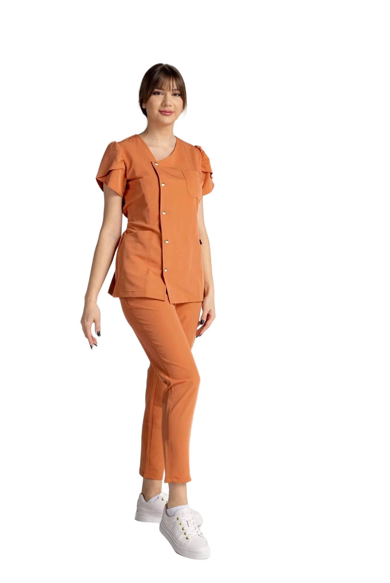 Costum Premium Elastic Sofia, elegant și confortabil, cu nasturi eleganți și mâneci lalea, ideal pentru mediu profesional.