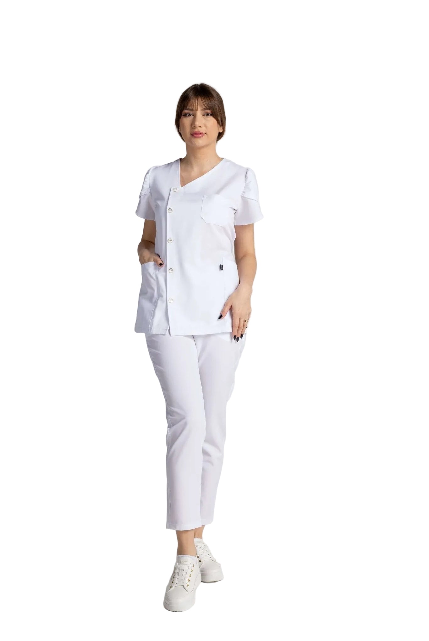 Costum Premium Elastic Sofia prezentat de model, evidențiind designul elegant și confortul în mediul profesional.