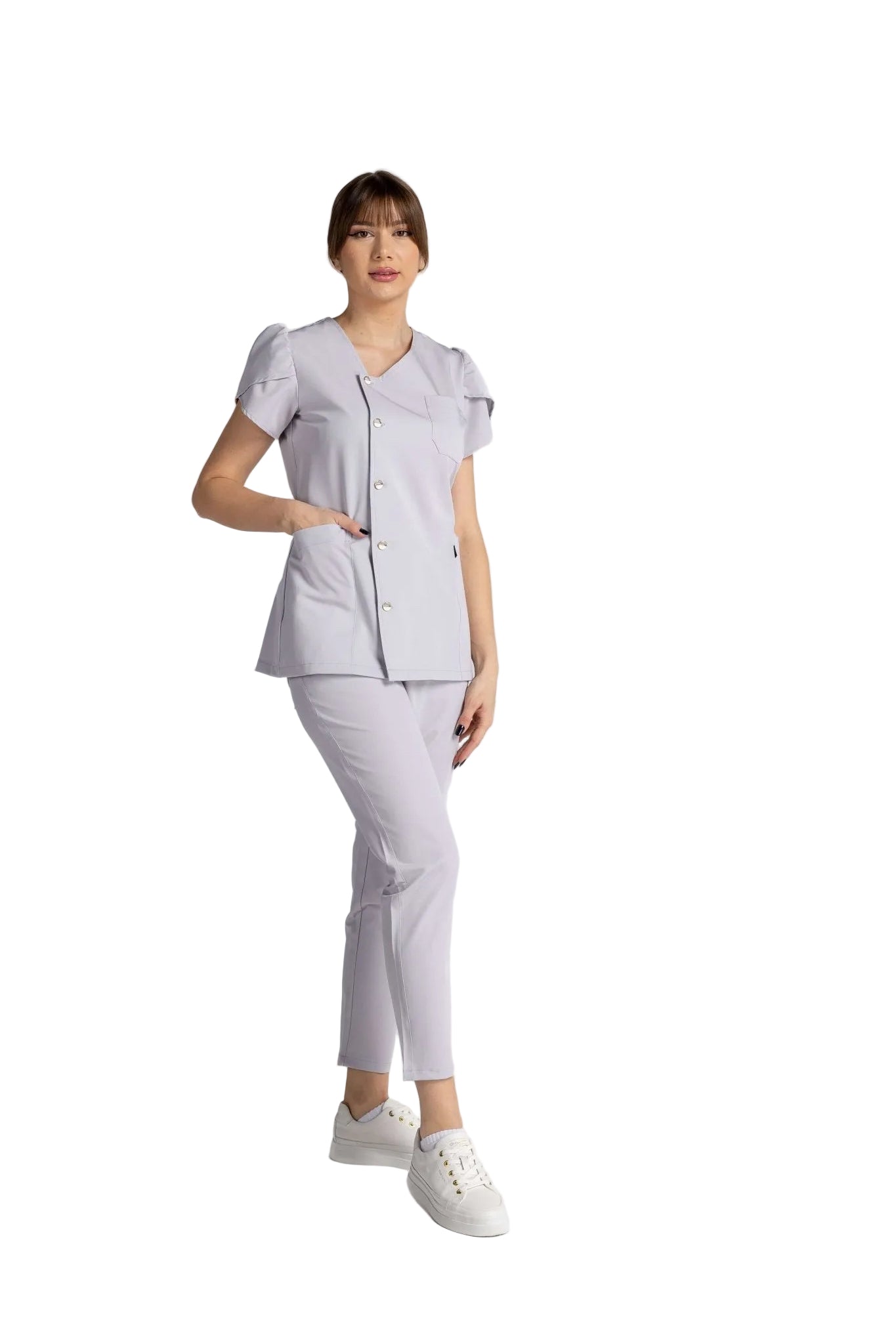 Costum Premium Elastic Sofia în nuanță deschisă, cu nasturi eleganți și mâneci lalea, oferind confort și stil.