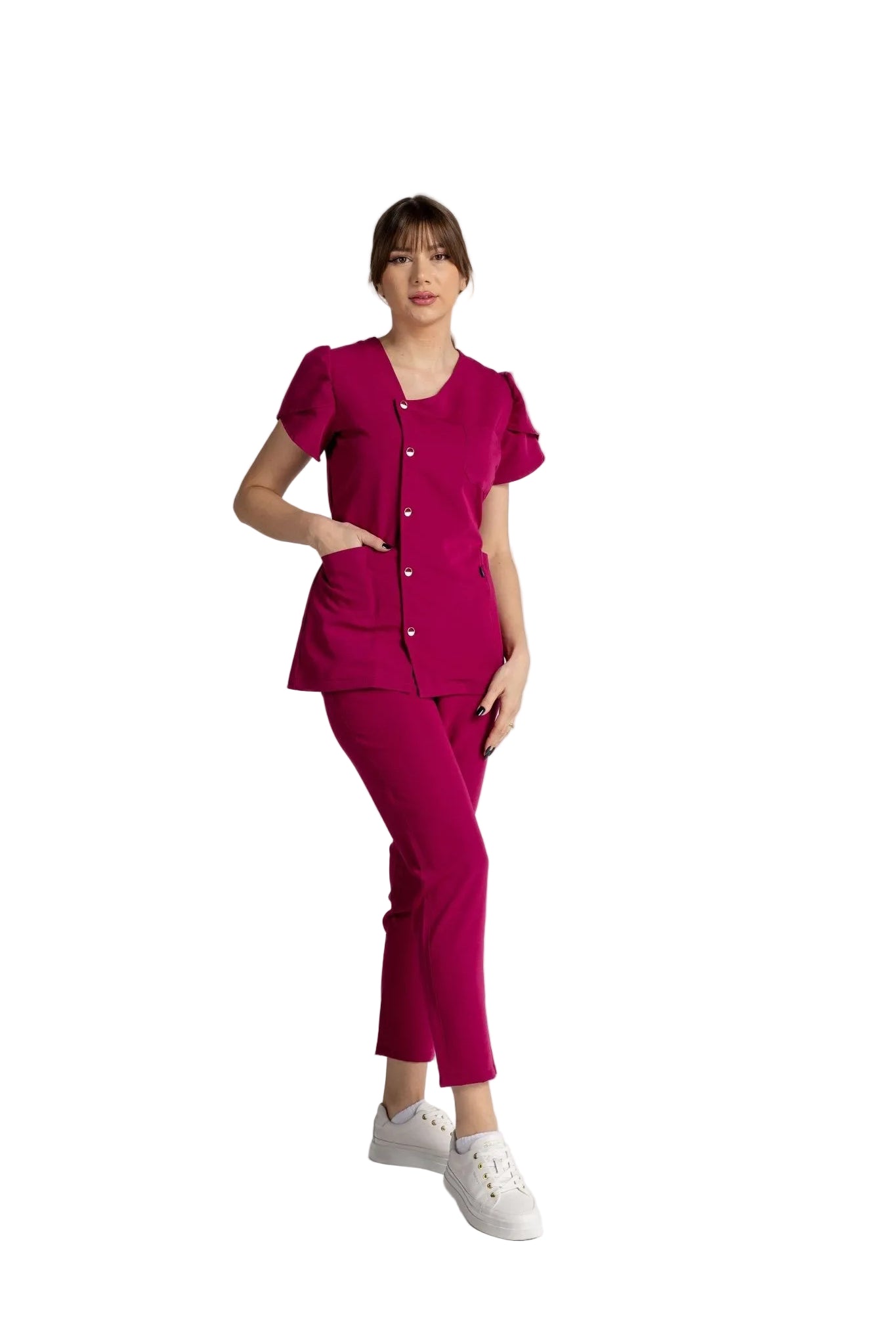 Costum Premium Elastic Sofia în nuanță roz, cu design elegant, nasturi, și mâneci lalea, ideal pentru mediu profesional.