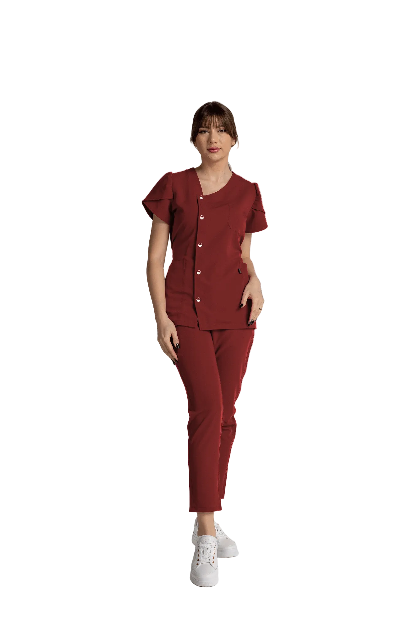 Costum Premium Elastic Sofia - elegant outfit with stylish buttons and tulip sleeves in burgundy.