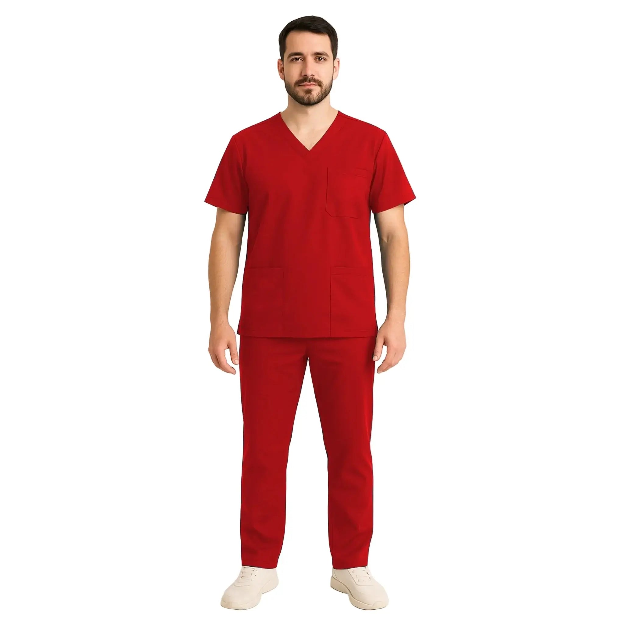 Costum medical elastic daniel, uniformă roșie, material elastic, confortabil și modern.