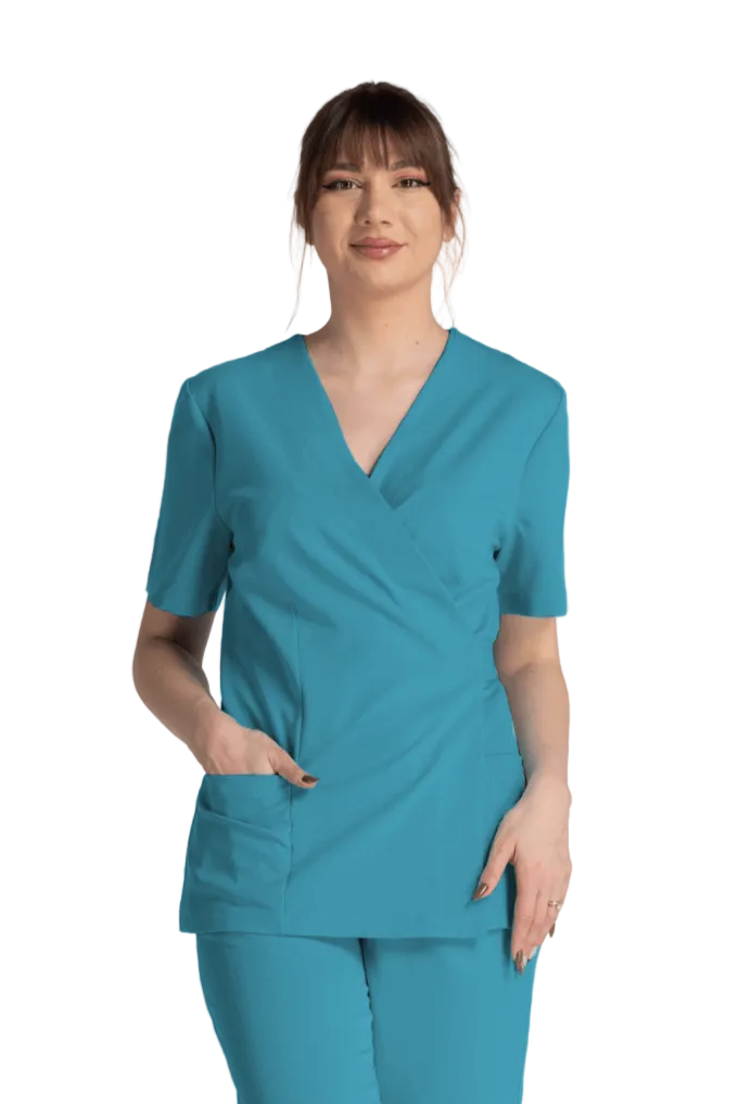 Bluza Elastica Bianca în culoare turcoaz, model cu croială ergonomică și două buzunare laterale.