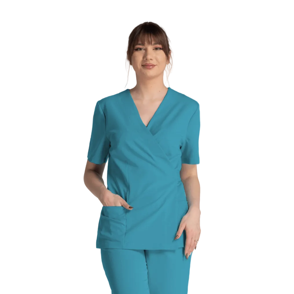 Bluza Elastica Bianca în culoare turcoaz, model cu croială ergonomică și două buzunare laterale.