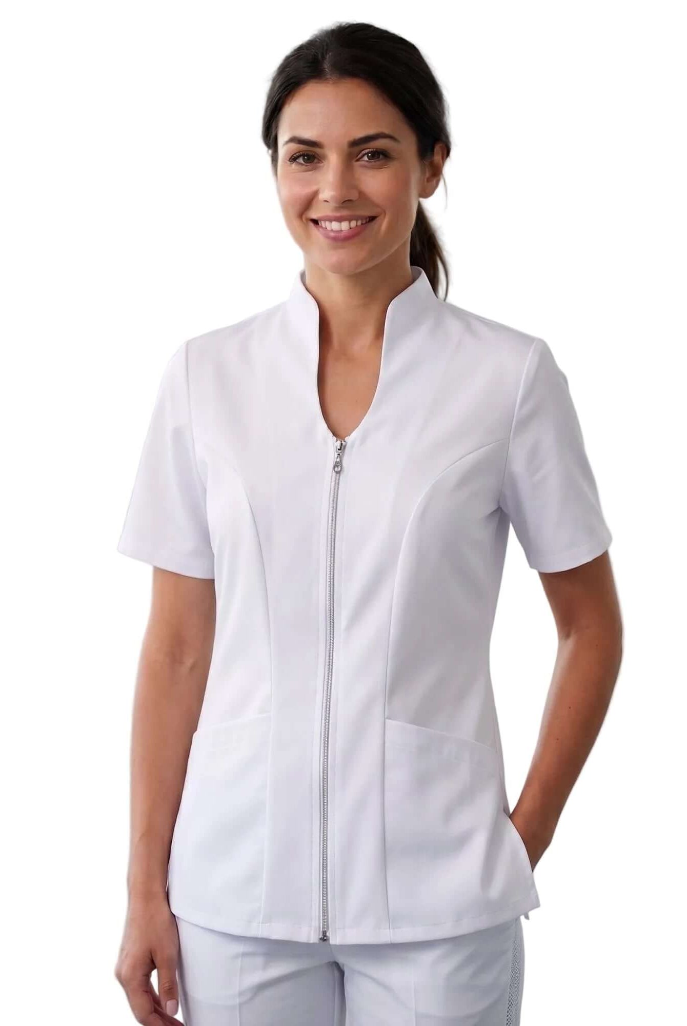 Bluza Premium Elastica Lara - Bluză medicală albă cu fermoar, design modern, confortabilă, perfectă pentru medici.