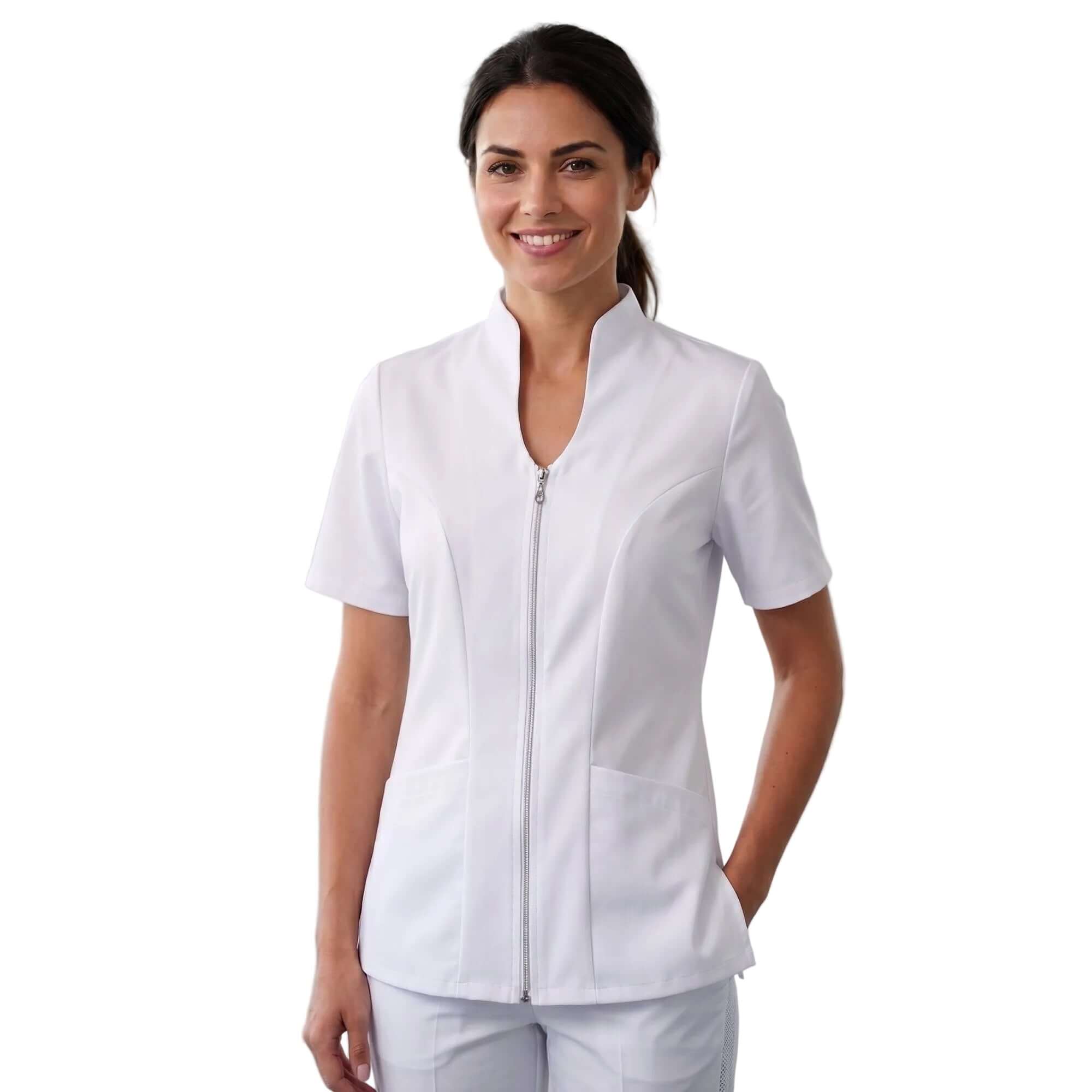 Bluza Premium Elastica Lara - Bluză medicală albă cu fermoar, design modern, confortabilă, perfectă pentru medici.