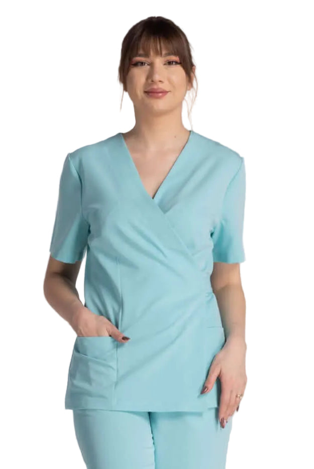 Bluza Elastica Bianca, bluză ergonomică cu design premium, mâneci scurte și buzunare laterale, îmbrăcăminte confortabilă.