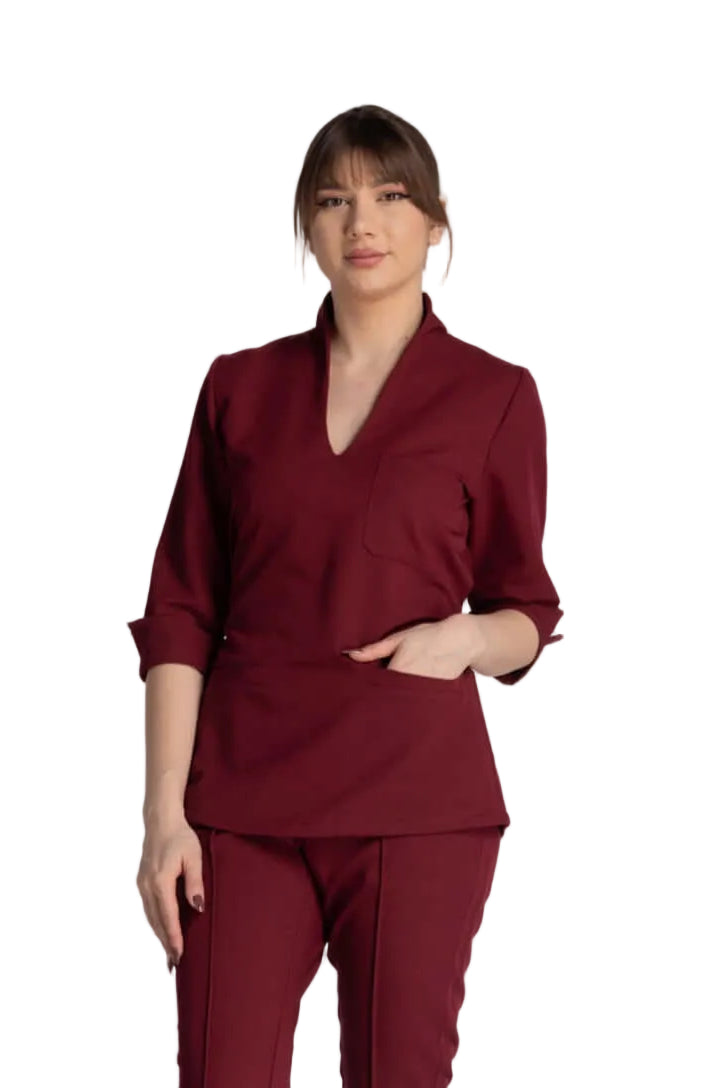 Bluza Elastica Elise in burgundy, stylish design with a shawl collar, perfect for medical professionals.