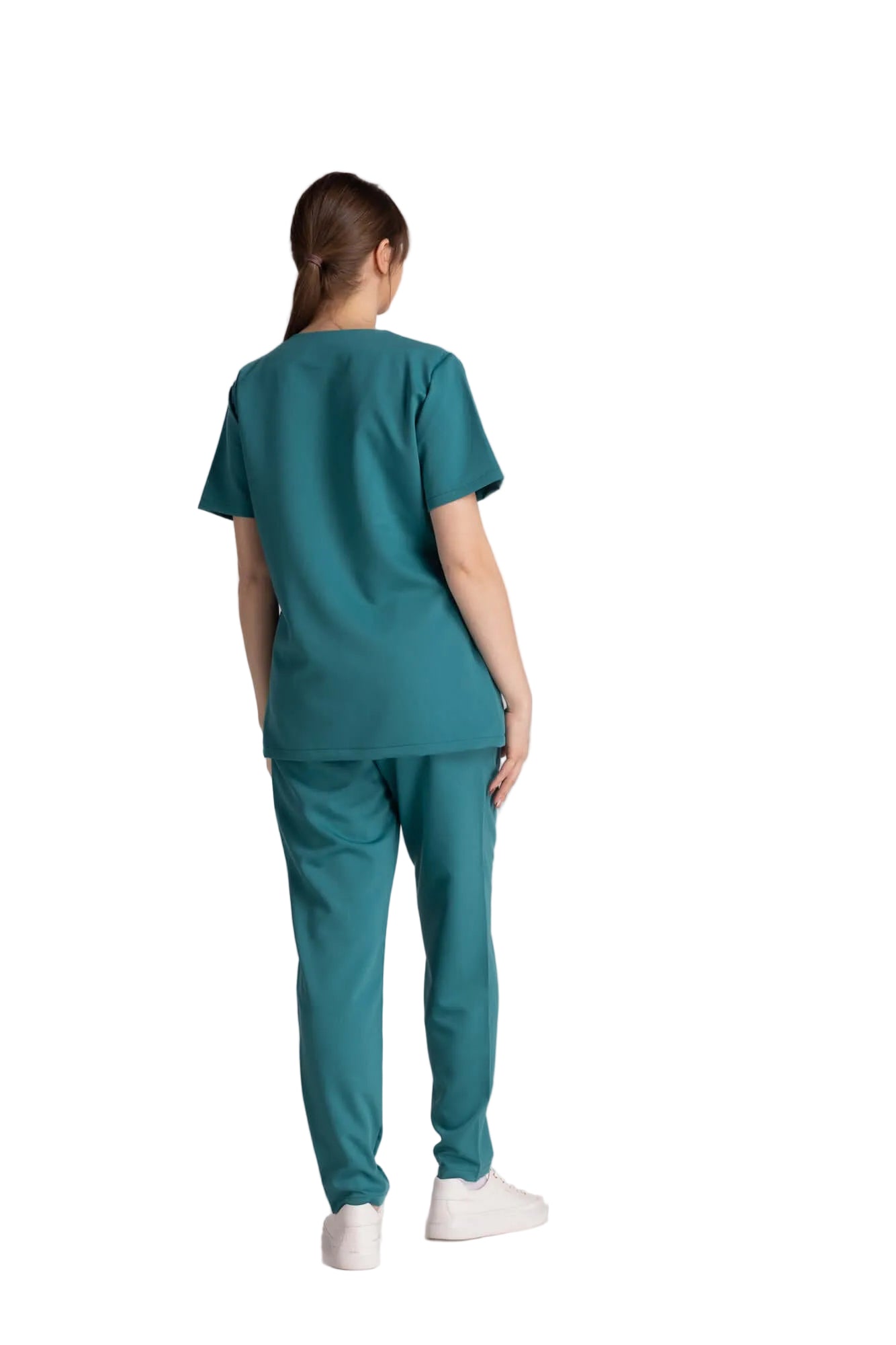 Costum Elastic Diana pentru profesioniști, prezentat pe o modelă din spate, în nuanță de teal.