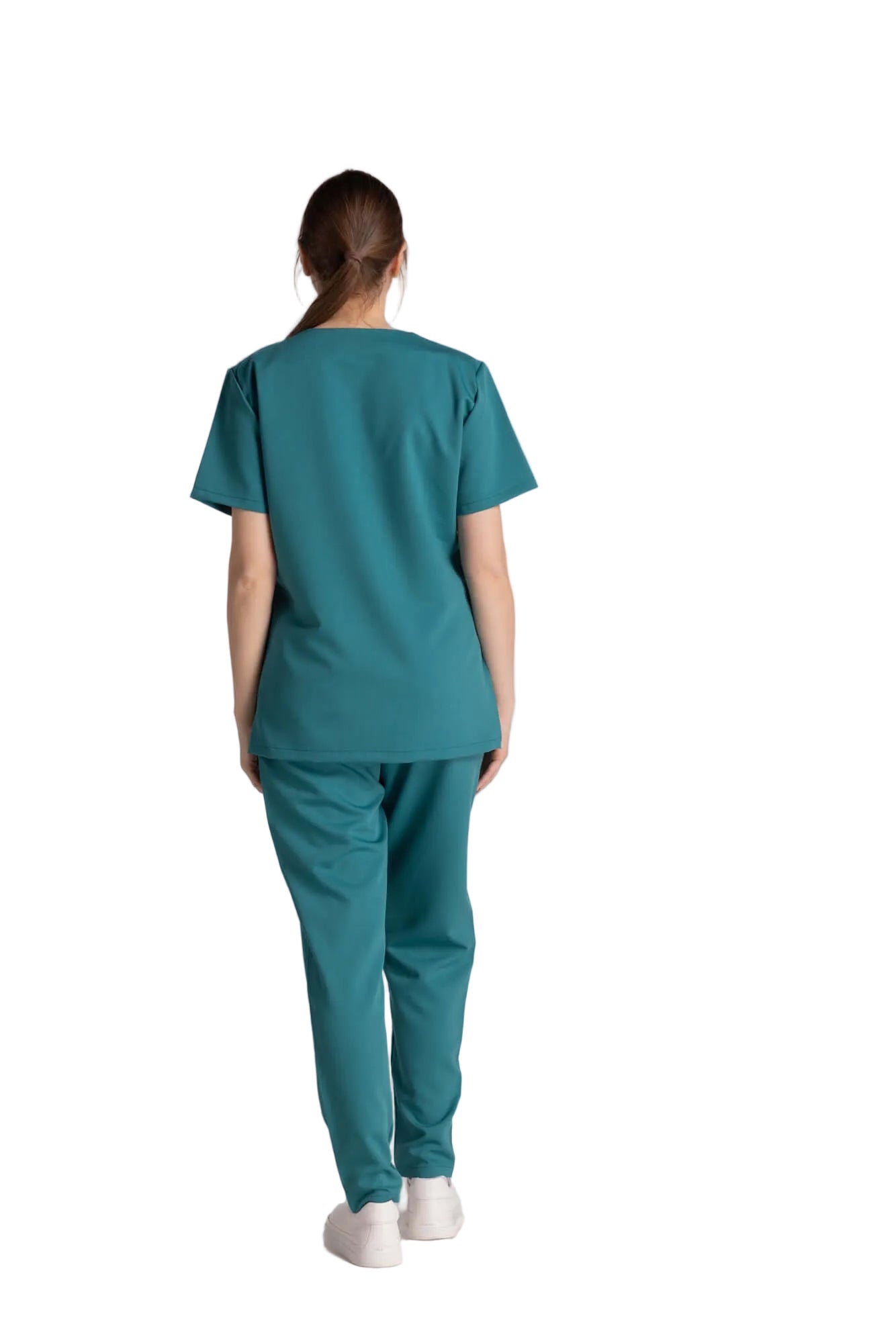 Costum Elastic Diana, costum medical din material elastic, văzut din spate, în nuanță de verde teal.