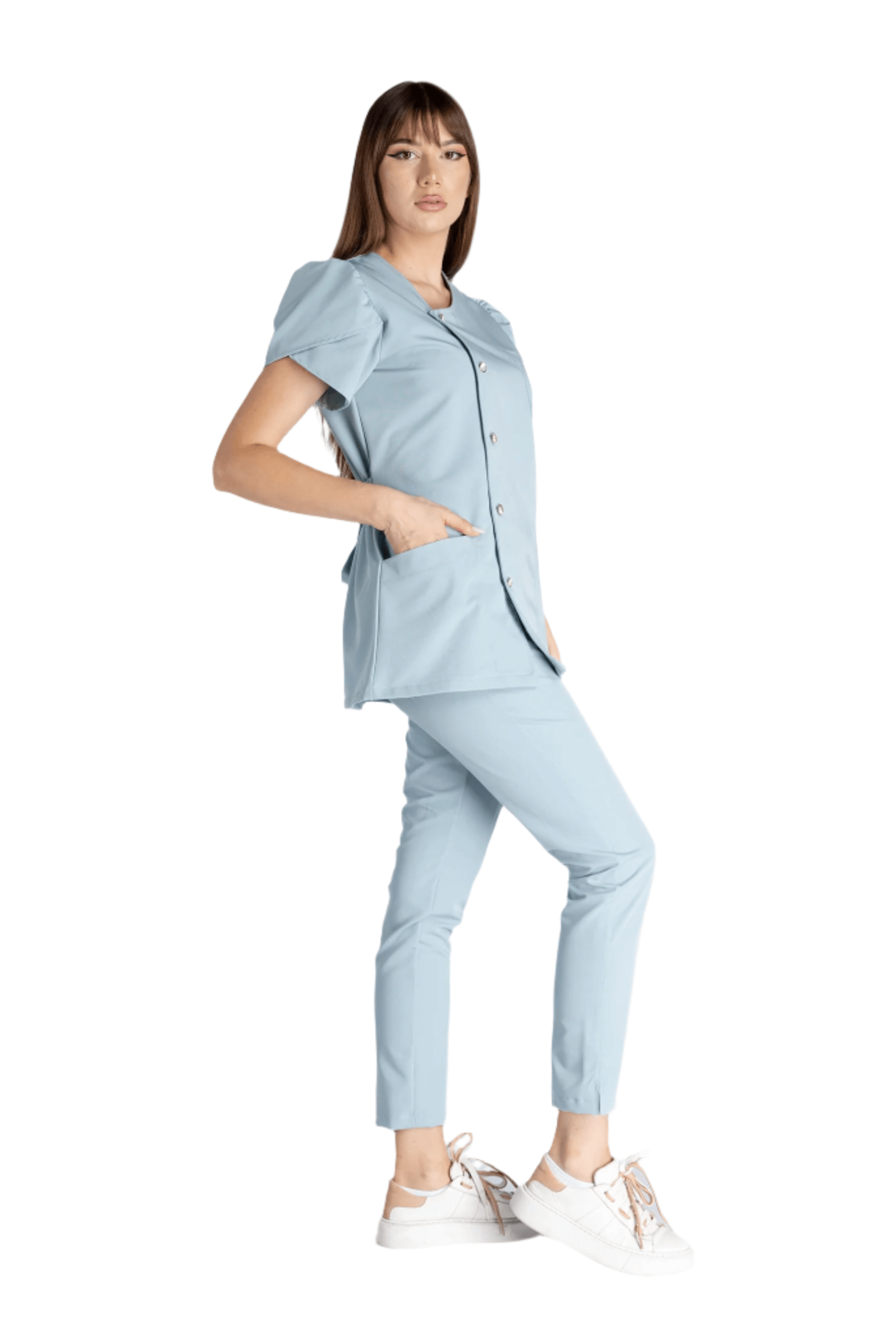 Costum Premium Elastic Sofia model, elegant și confortabil, ideal pentru mediu profesional.