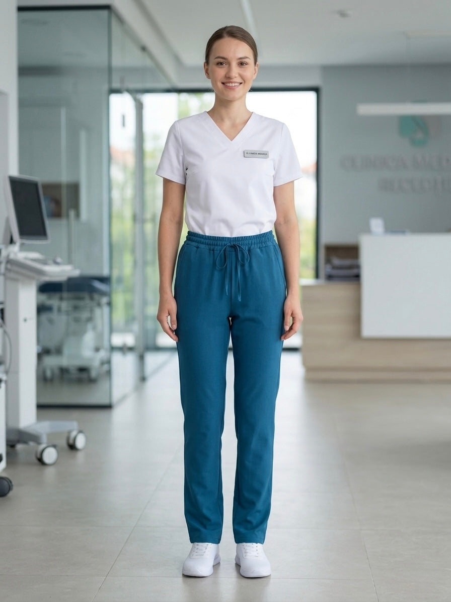 Pantaloni medicali elastici premium, confortabili, cu talie elastică, purtati de model in ambiant medical.