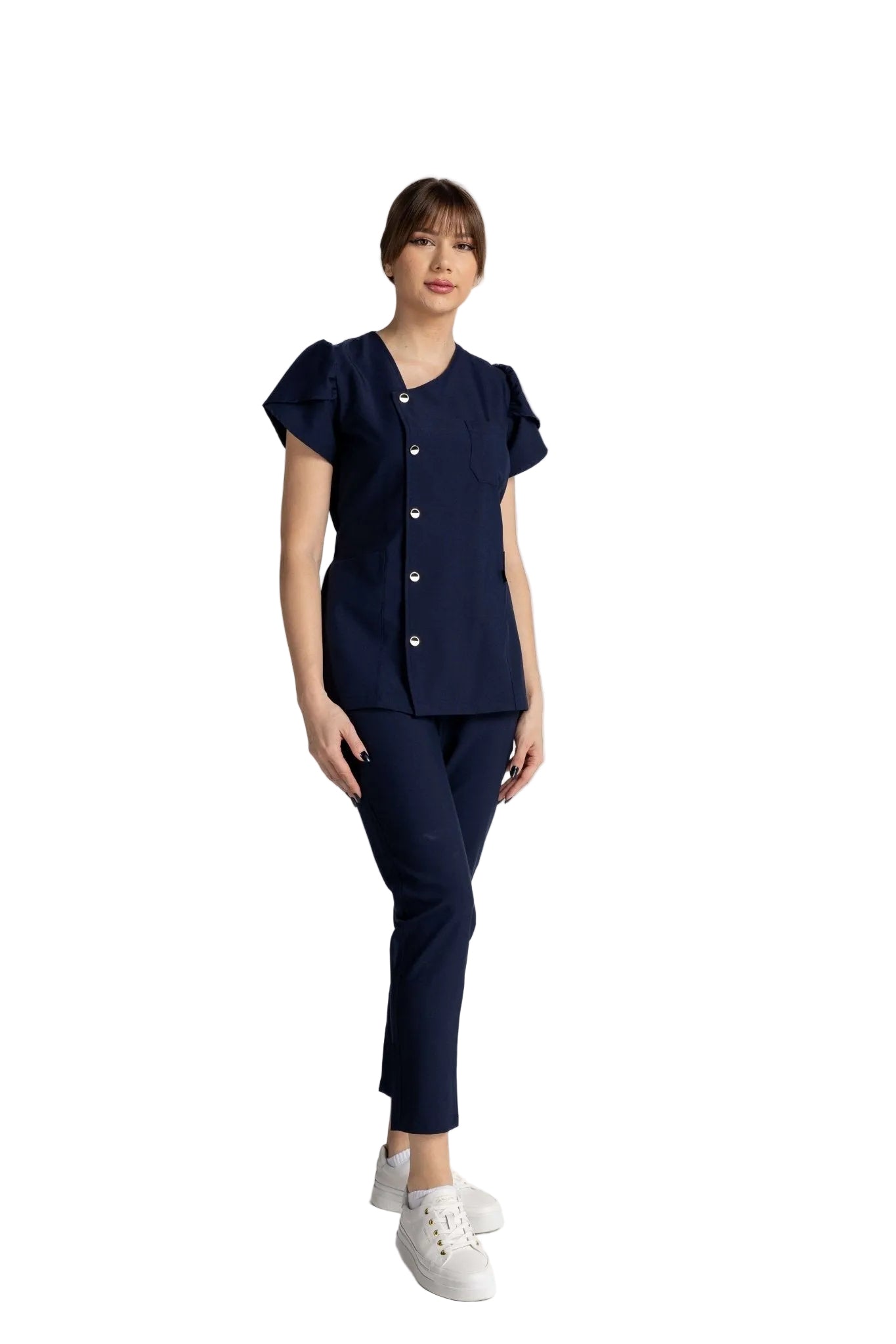 Costum Premium Elastic Sofia elegant cu nasturi și mâneci lalea, ideal pentru mediu profesional.