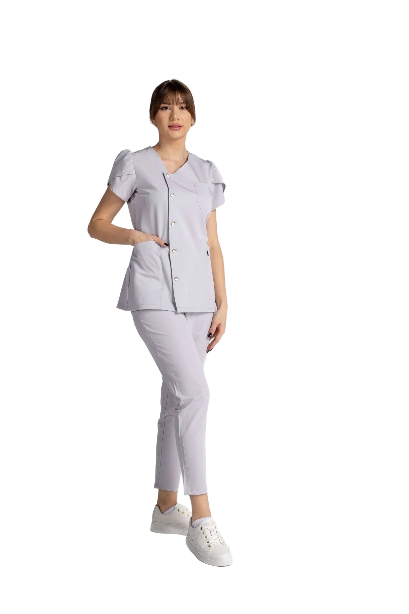 Costum Premium Elastic Sofia în nuanță deschisă, cu nasturi eleganți și mâneci lalea, oferind confort și stil.