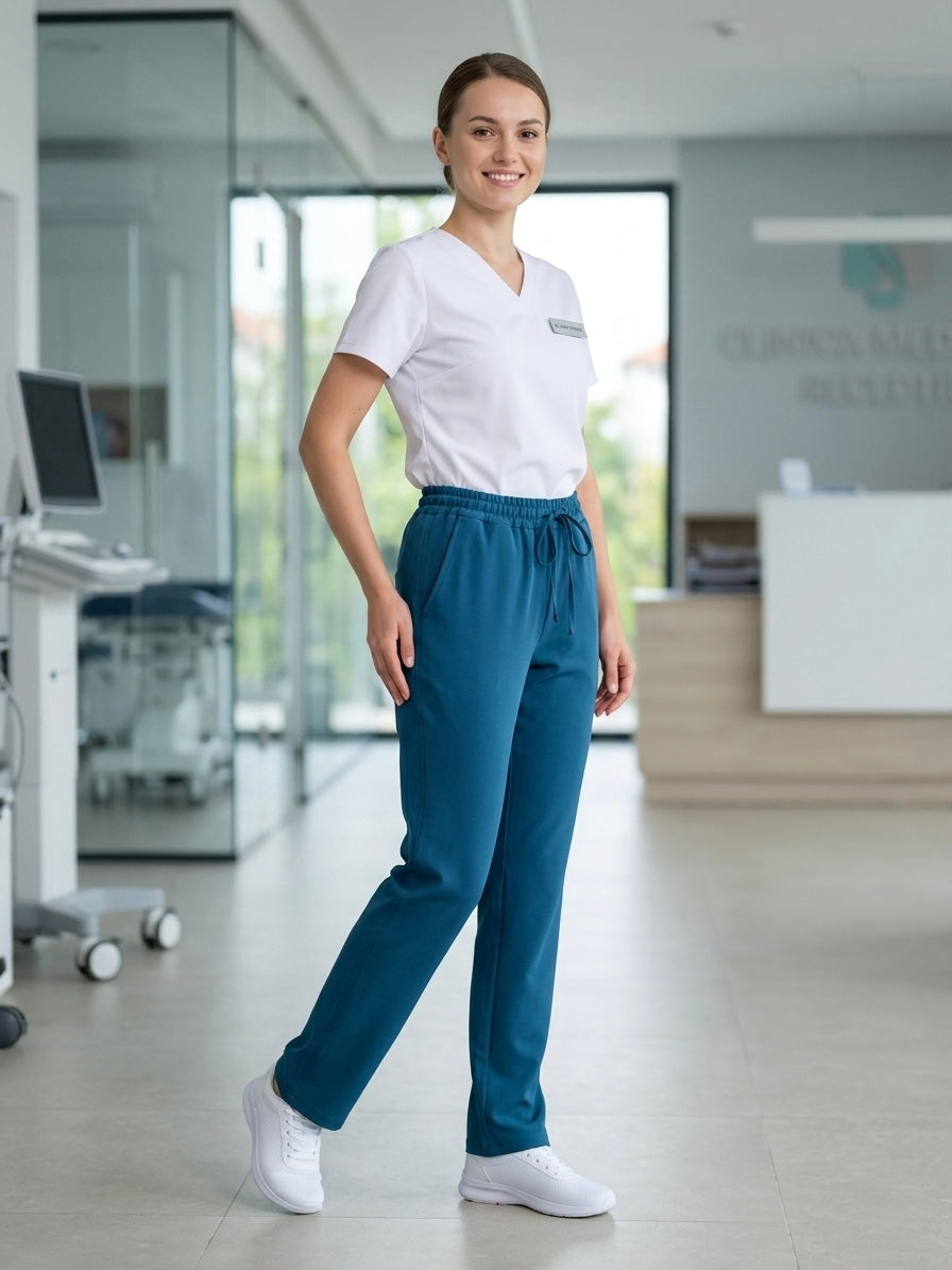 Femeie purtând pantaloni medicali elastici premium albaștri, îmbinând confortul cu stilul în mediu profesional.