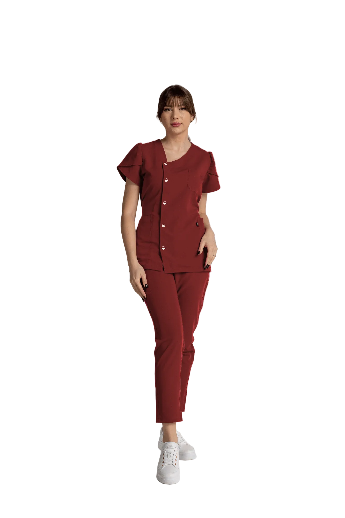 Costum Premium Elastic Sofia - elegant outfit with stylish buttons and tulip sleeves in burgundy.