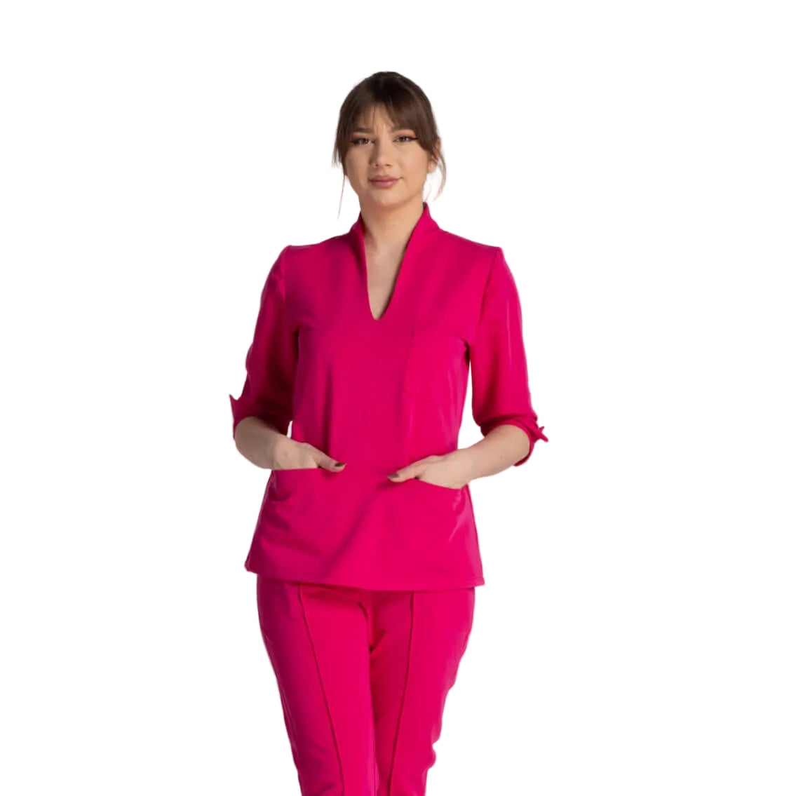 Bluza Elastica Elise roz, model elegant, cu buzunare, ideală pentru medici și profesioniști în domeniul sănătății.