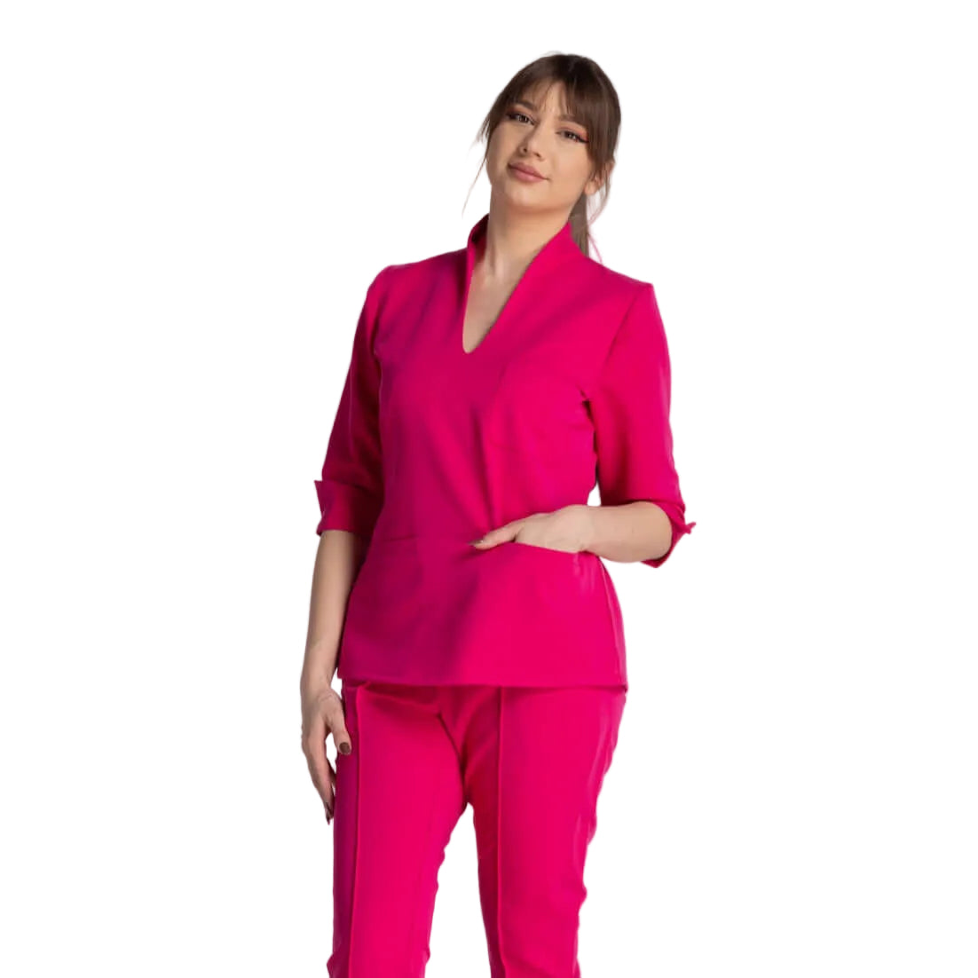 Bluza Elastica Elise roz, elegantă și practică, perfectă pentru medici și profesionisti din domeniul sanitar.