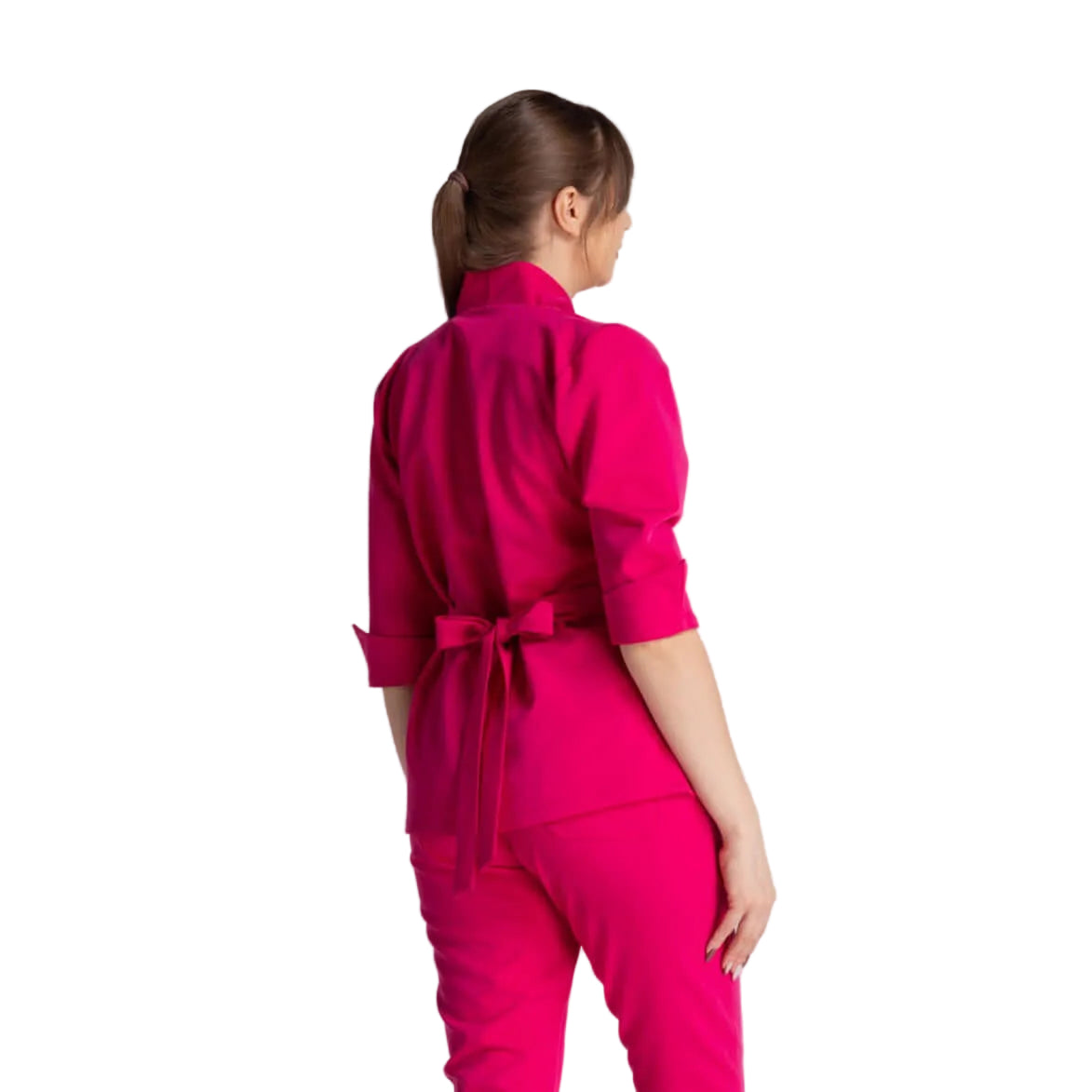 Bluza Elastica Elise roz, vedere din spate, realizată pentru confort și stil în mediul profesional.