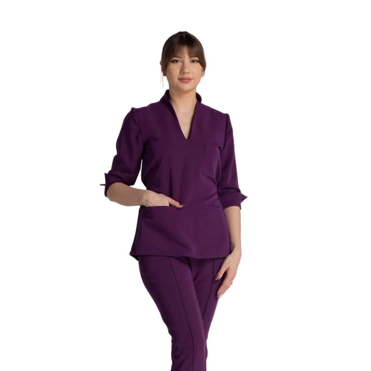 Bluza Elastica Elise, bluza medicala eleganta in violet, cu guler shal si buzunare, perfecta pentru profesionisti.