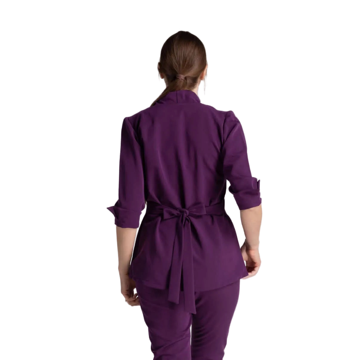 Bluza Elastica Elise in violet, cu guler shal și cordon ajustabil, perfectă pentru profesioniștii medicali.