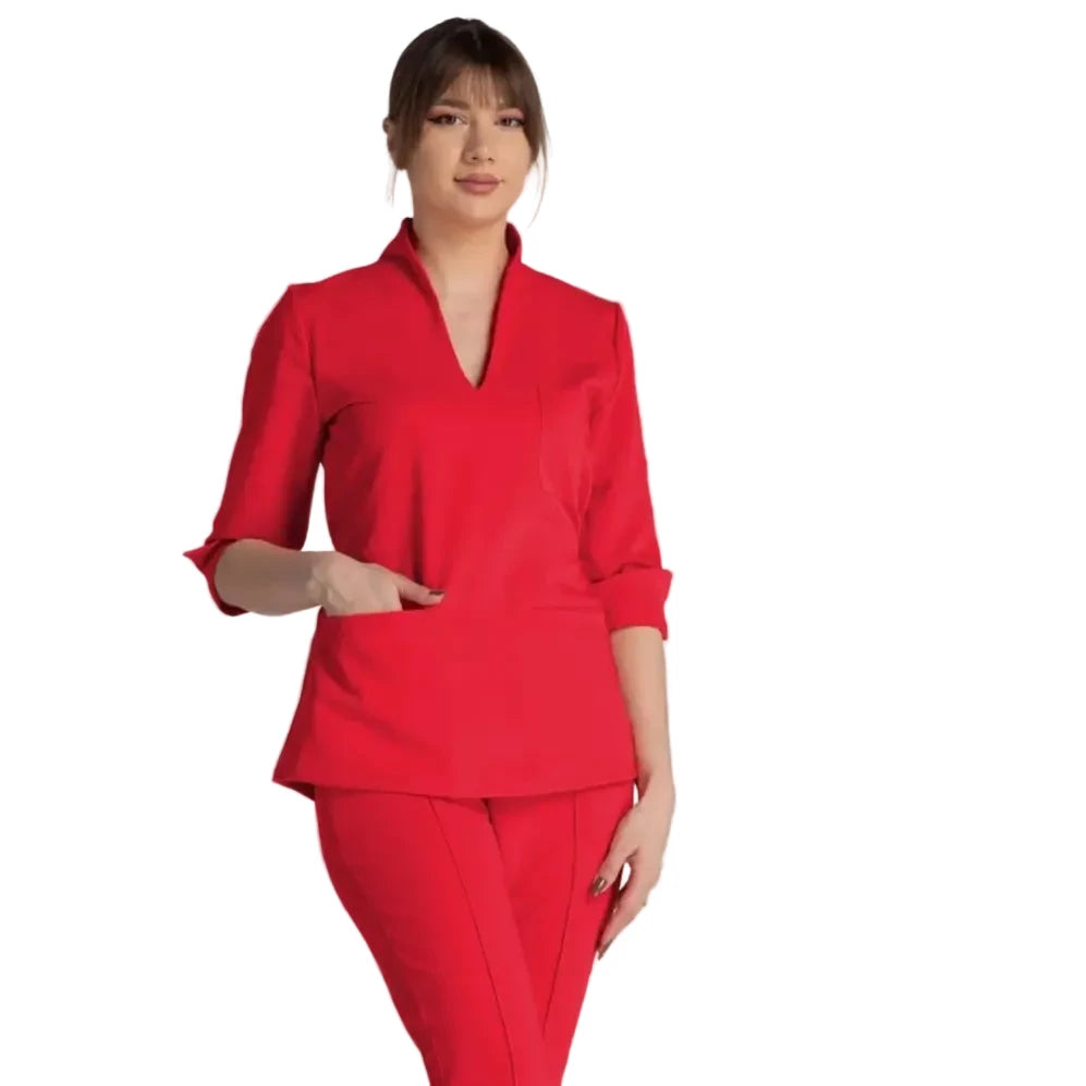 Bluza Elastica Elise red medical uniform with pockets and adjustable fit for professionals.