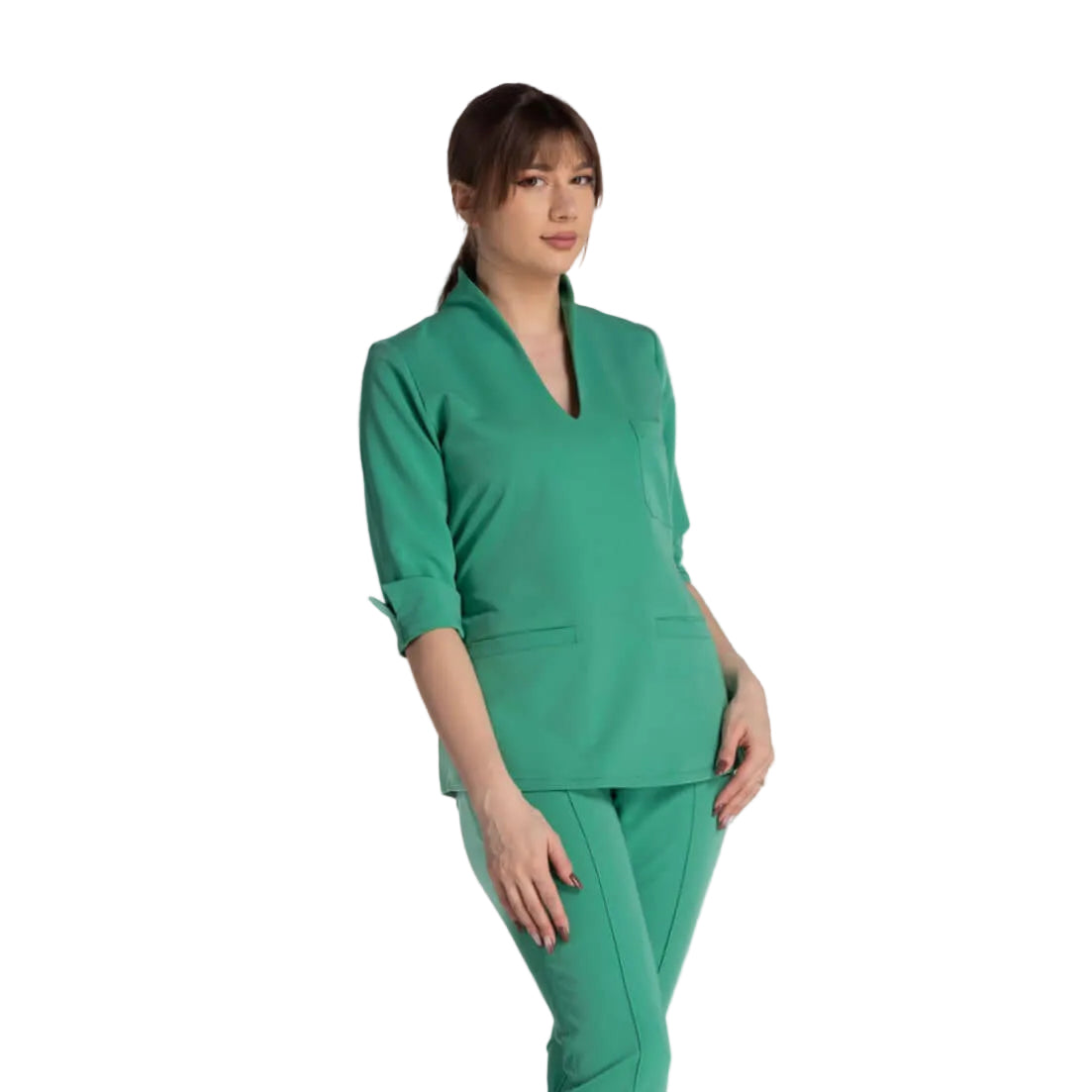 Bluza Medicala Elastica Elise, bluza medicala verde cu design elegant si functionalitate, forțând stilul in mediul profesional.