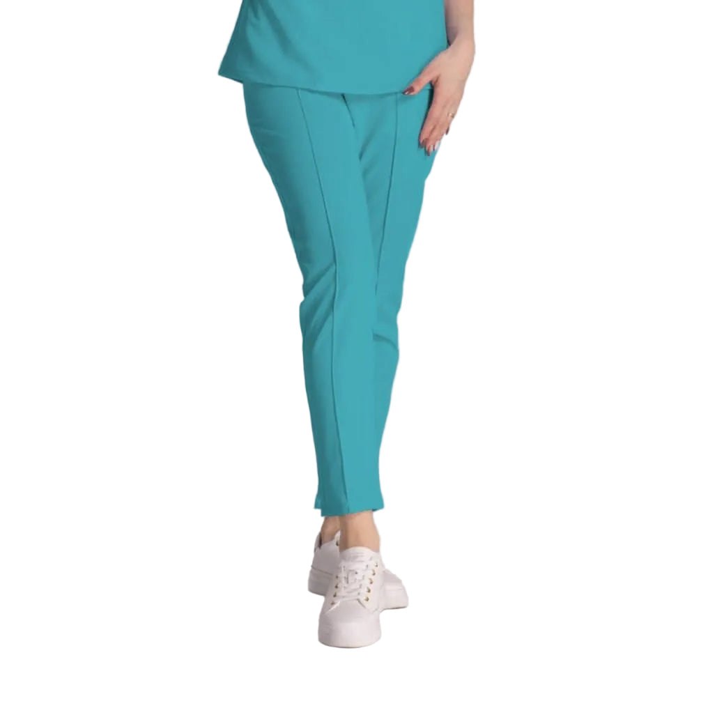 Pantaloni Elastici Elise în nuanță turcoaz, confecționați pentru confort și stil în mediul profesional.