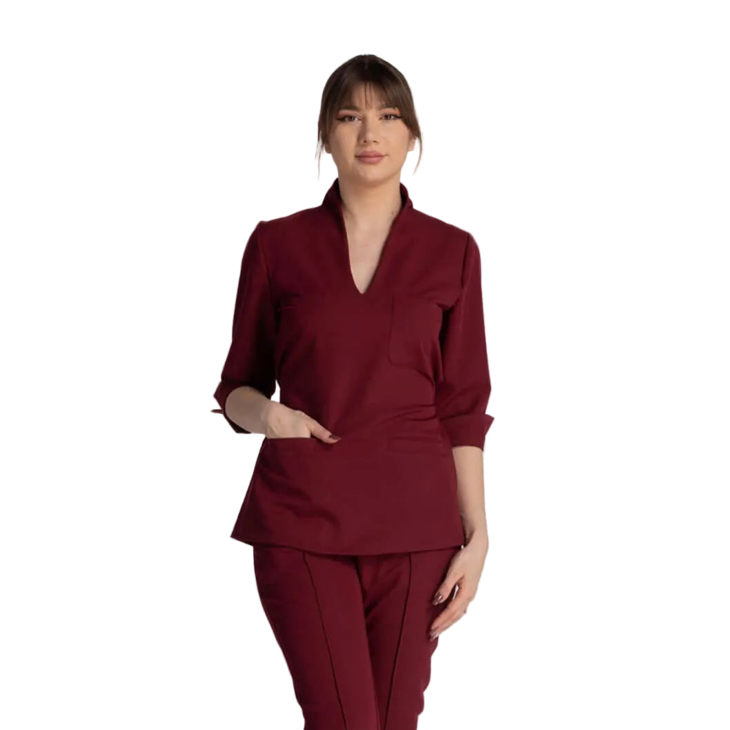 Bluza Elastica Elise - uniforma medicala eleganta cu guler shal si bucle ajustabile, perfect pentru profesionisti.