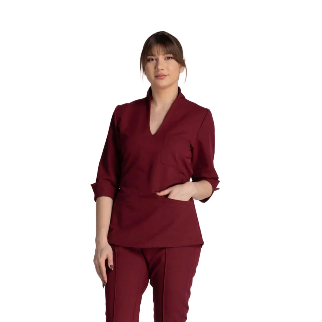 Bluza Elastica Elise in burgundy, stylish design with a shawl collar, perfect for medical professionals.