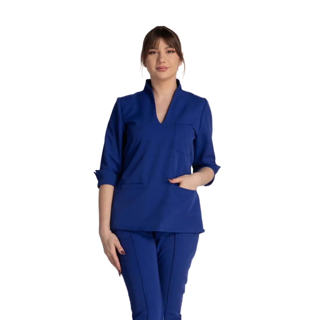 Bluza Elastica Elise - bluza medicala eleganta, moderna, cu guler shal si buzunare, ideala pentru profesionisti.