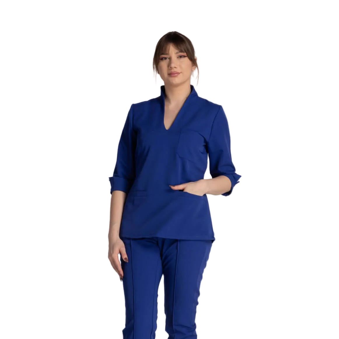 Bluza Elastica Elise - bluza medicala eleganta cu guler shal si buzunare, ideal pentru profesioniștii din domeniu.